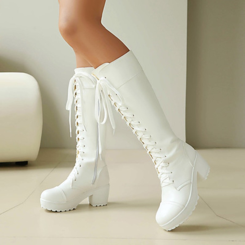 High Knee Heel Boots - Damskie kozaki do kolan sznurowane, botki