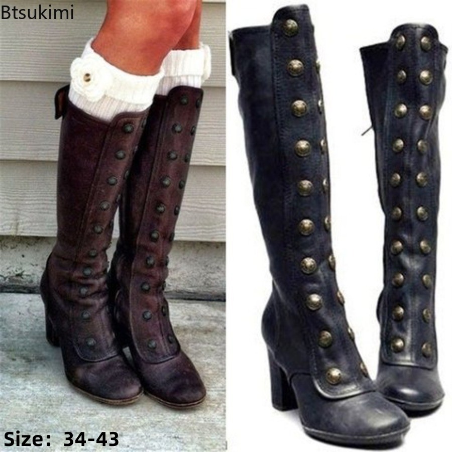 Retro Czarne Botki z Nitami na – High Knee Heel Boots recenzja i cena