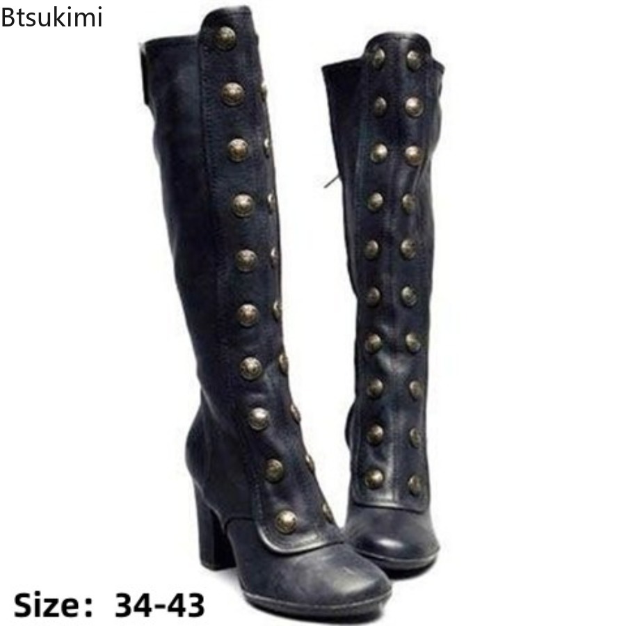 Retro Czarne Botki z Nitami na – High Knee Heel Boots recenzja i cena